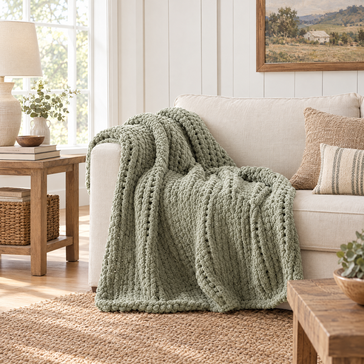 Chunky Cable Knit Throw Blanket, Sage Green - lifestyle room photo