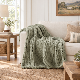 Chunky Cable Knit Throw Blanket, Sage Green - lifestyle room photo