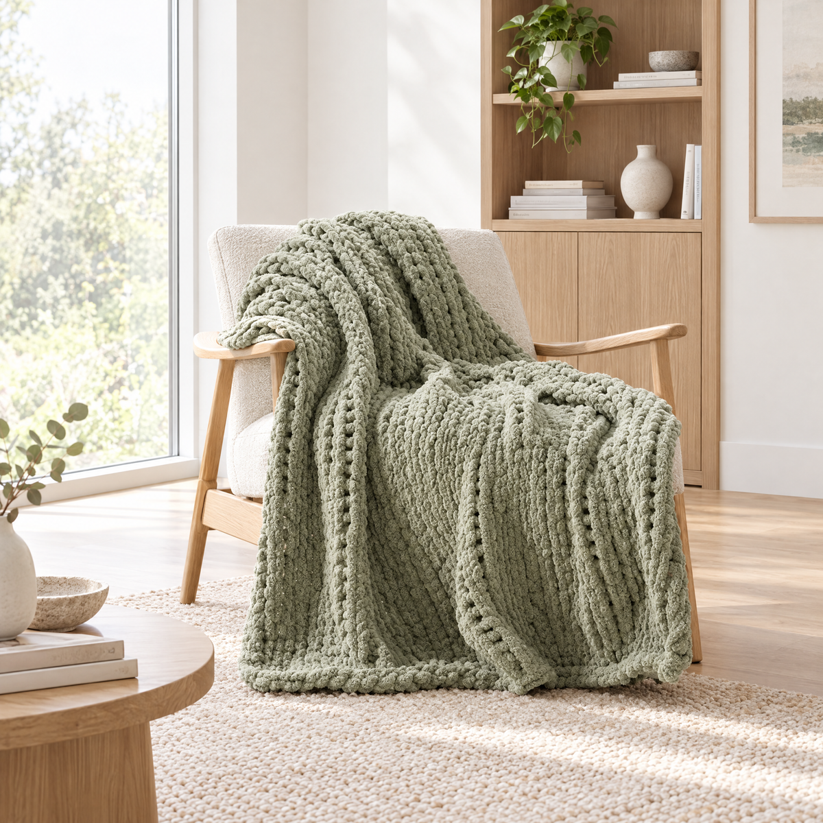 Chunky Cable Knit Throw Blanket, Sage Green - lifestyle room photo