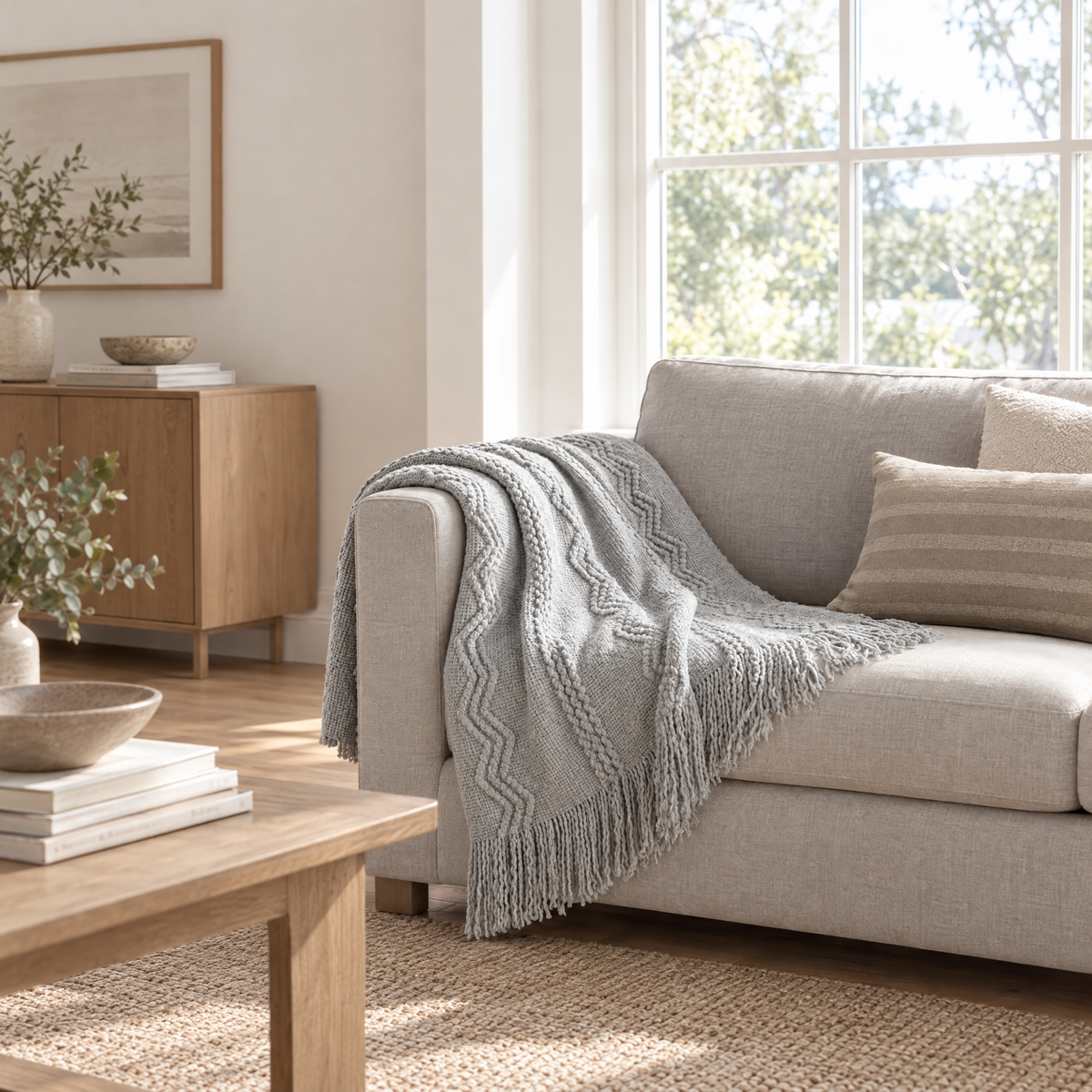 Light Grey Striped Knit Throw with Fringe - lifestyle room photo