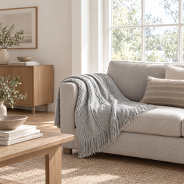 Light Grey Striped Knit Throw with Fringe - lifestyle room photo