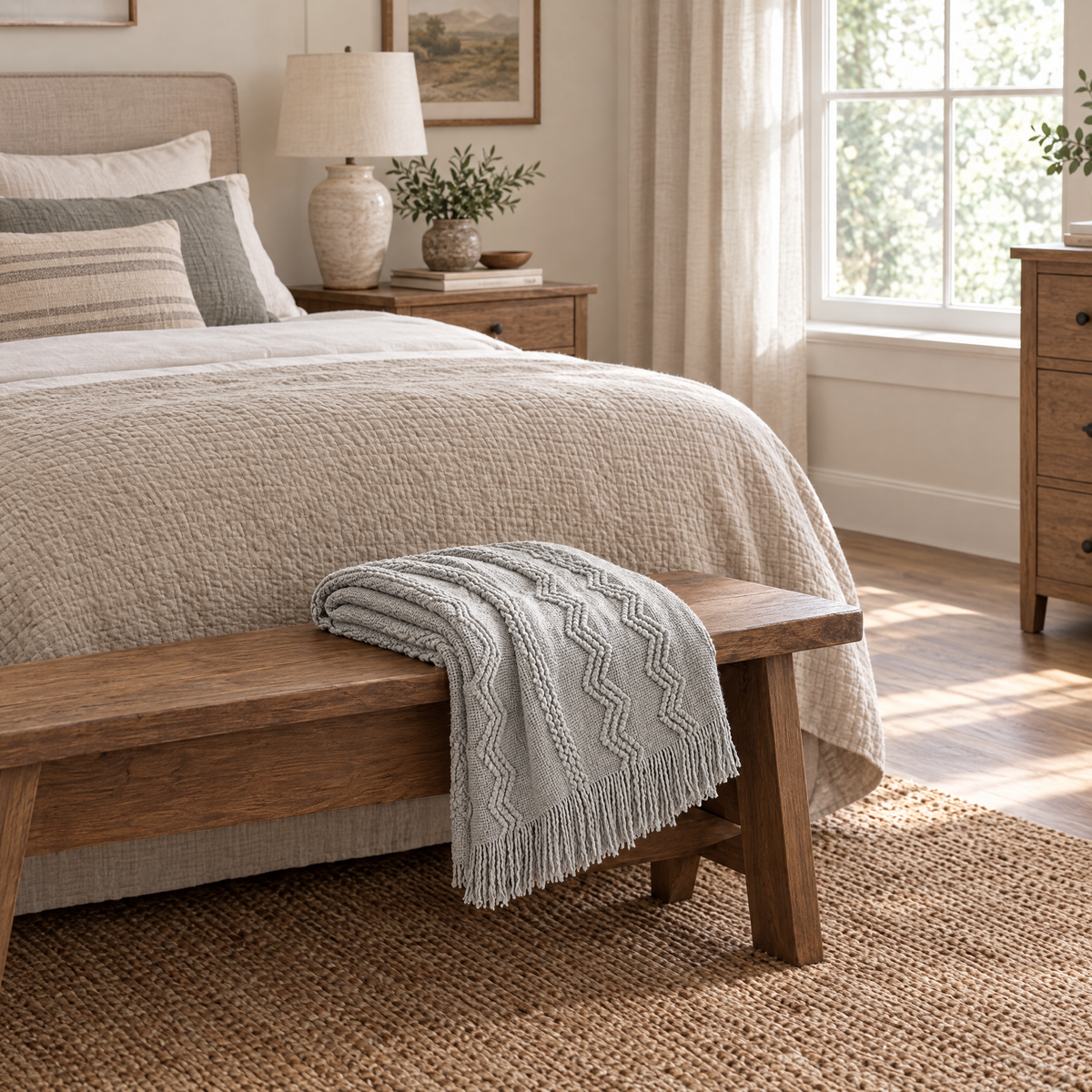 Light Grey Striped Knit Throw with Fringe - lifestyle room photo