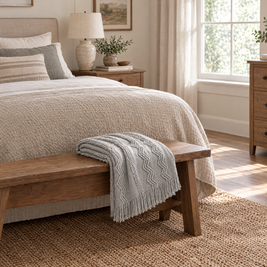 Light Grey Striped Knit Throw with Fringe - lifestyle room photo