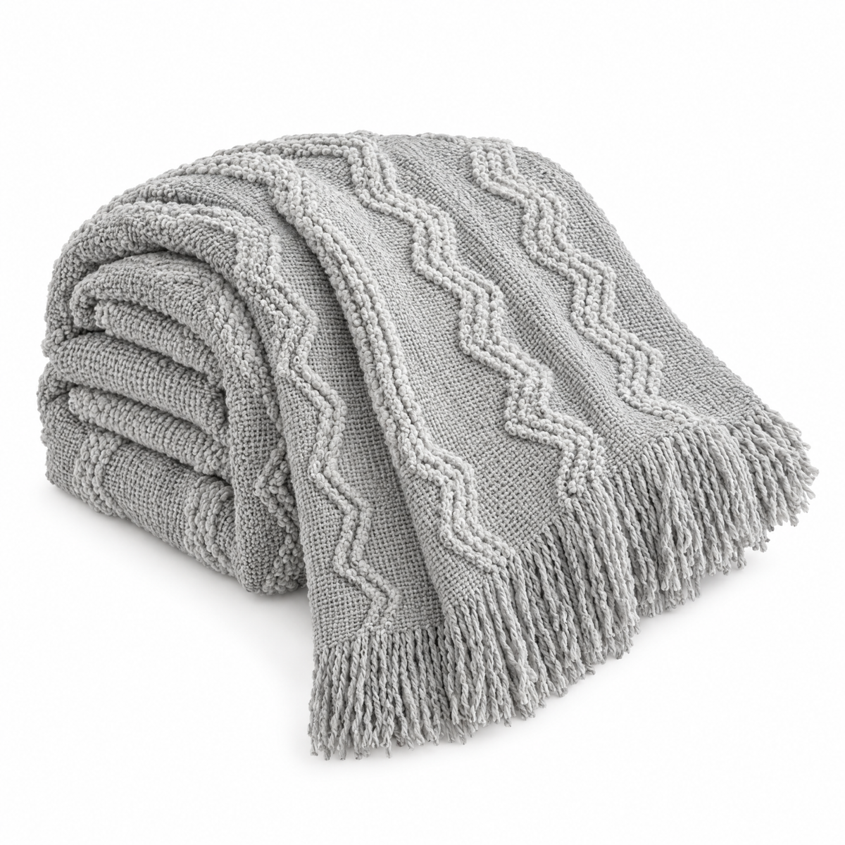 Light Grey Striped Knit Throw with Fringe - white background product photo
