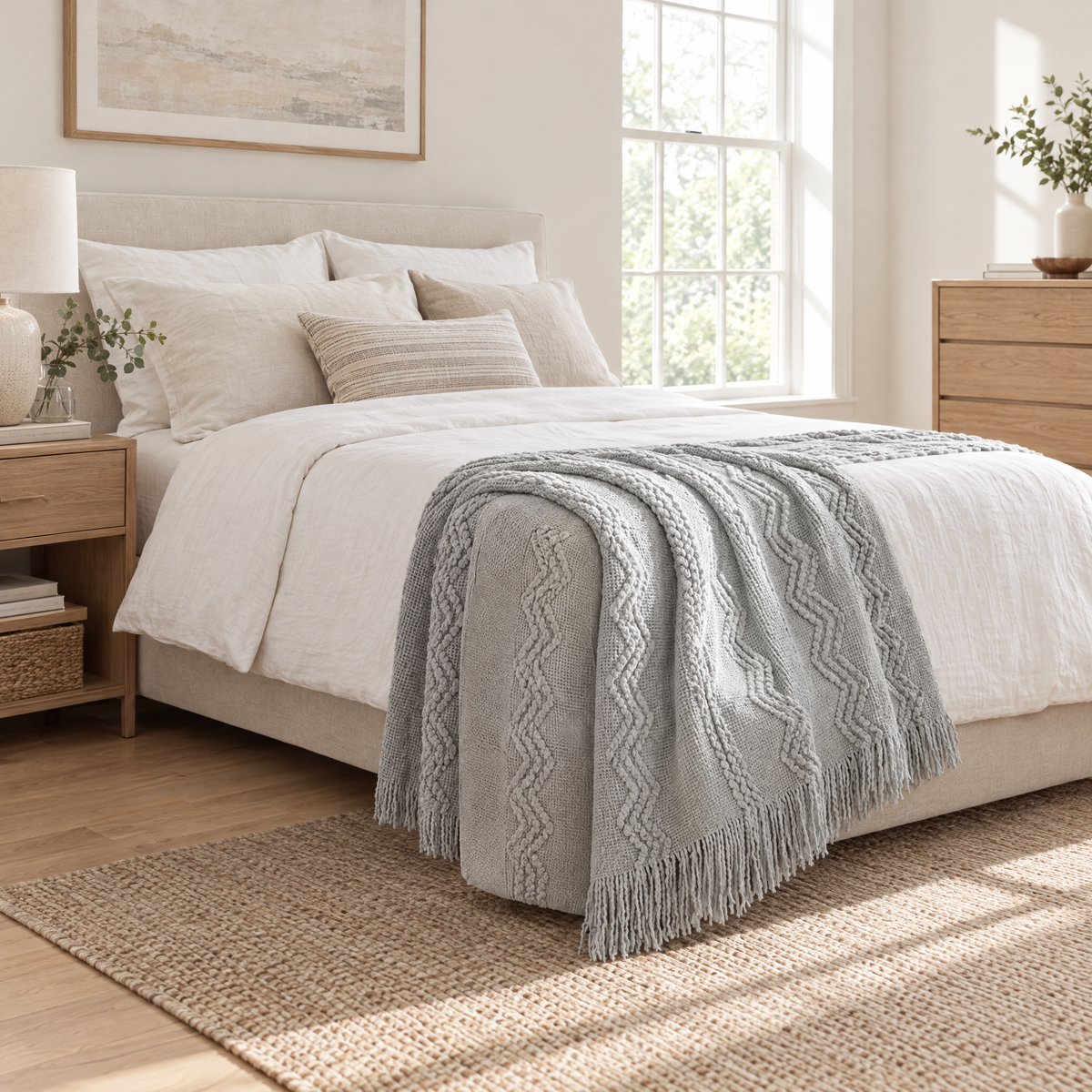 Light Grey Striped Knit Throw with Fringe - lifestyle room photo