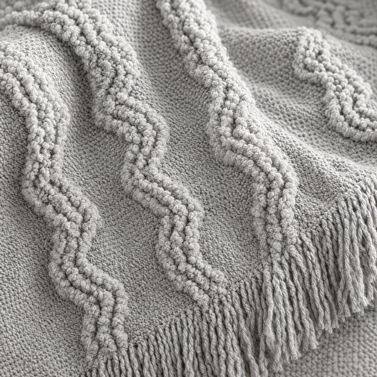 Light Grey Striped Knit Throw with Fringe - close-up detail