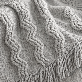 Light Grey Striped Knit Throw with Fringe - close-up detail