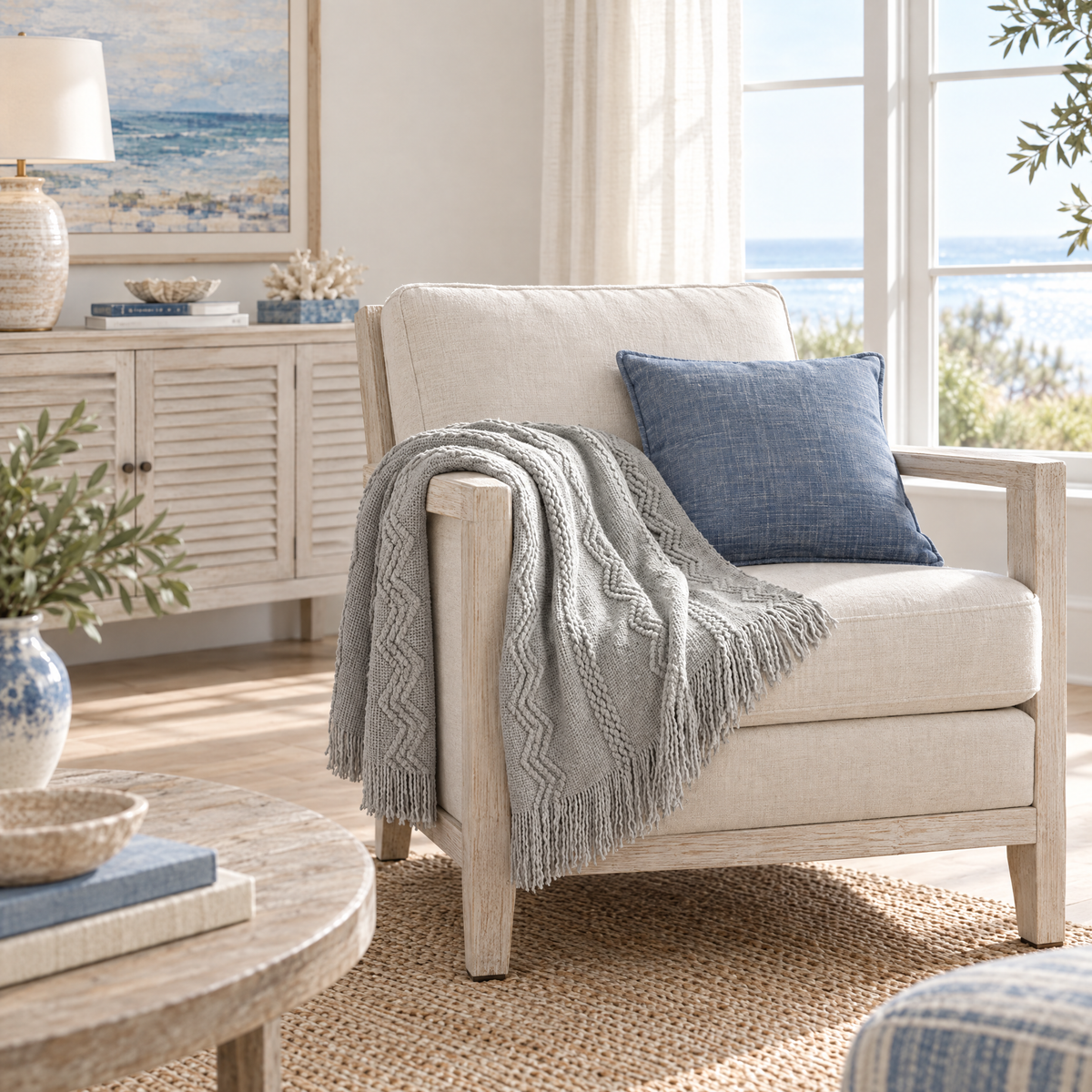 Light Grey Striped Knit Throw with Fringe - lifestyle room photo
