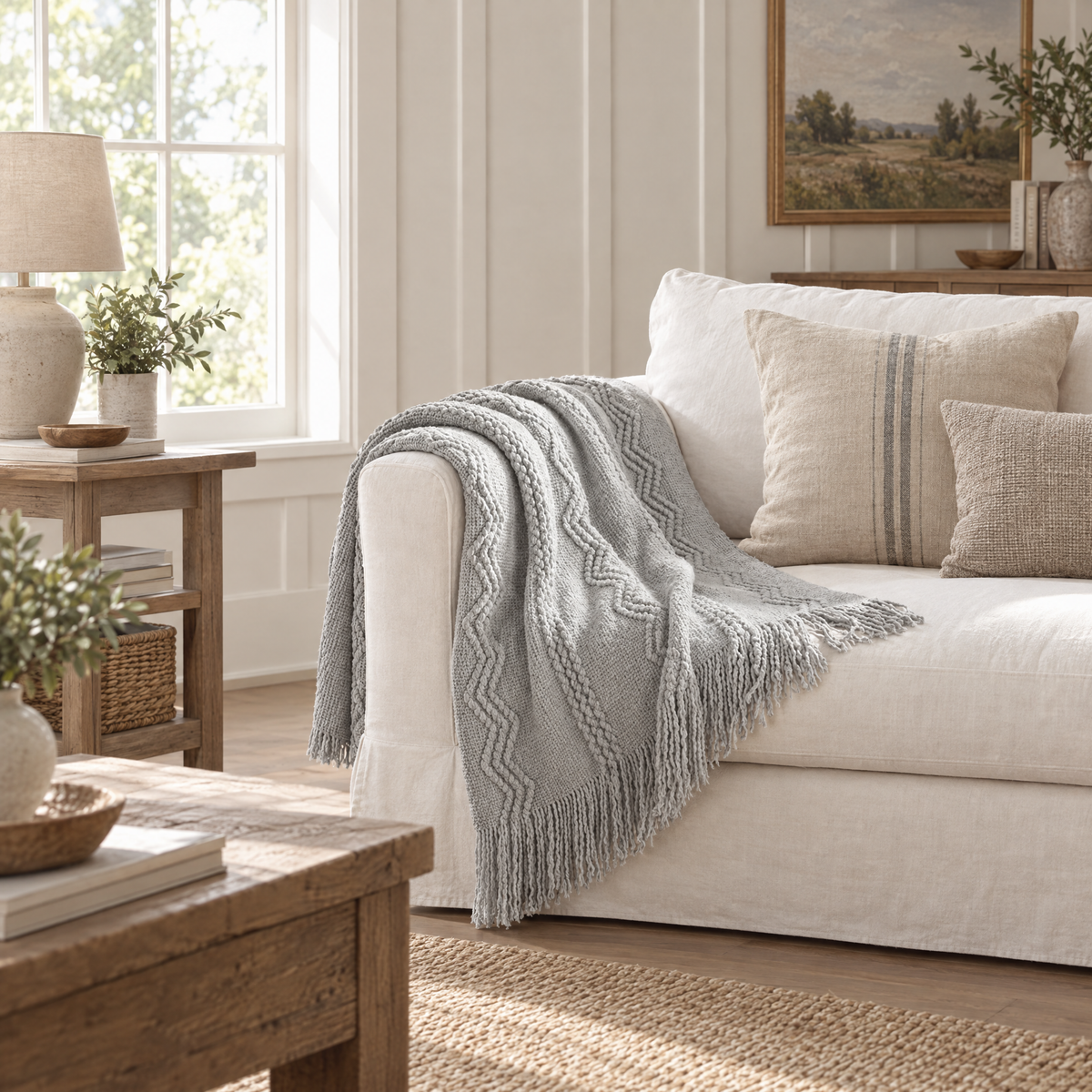 Light Grey Striped Knit Throw with Fringe - lifestyle room photo