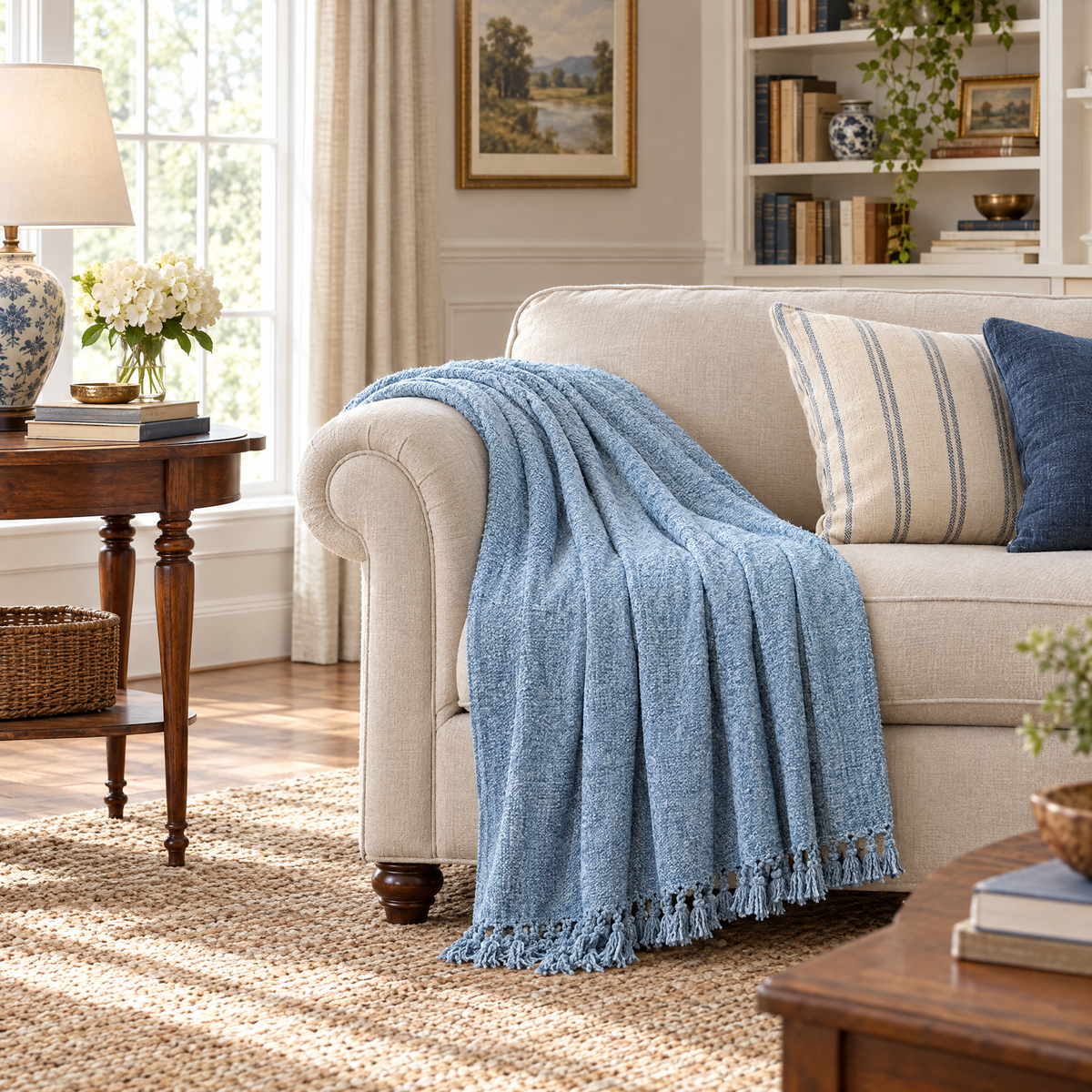 Plaid Fringe Throw Blanket for Sofa & Office - lifestyle room photo
