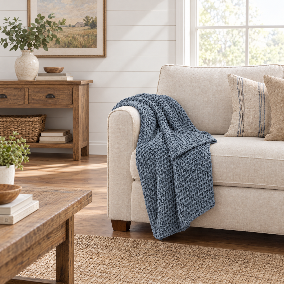 Blue Waffle Knit Chenille Throw Blanket - lifestyle room photo