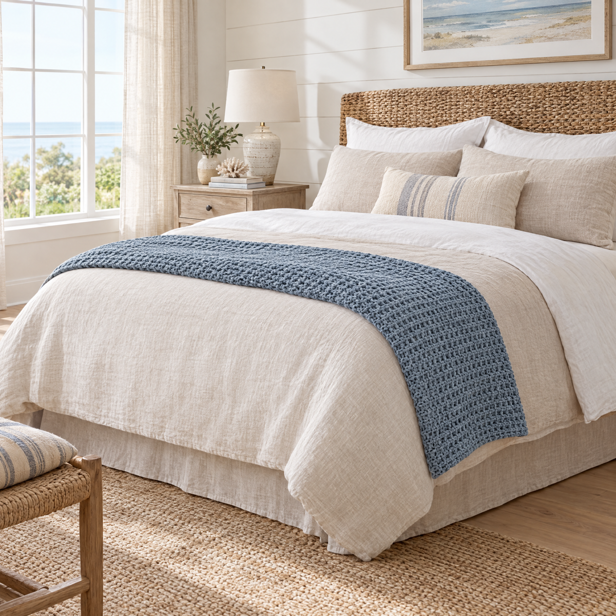 Blue Waffle Knit Chenille Throw Blanket - lifestyle room photo