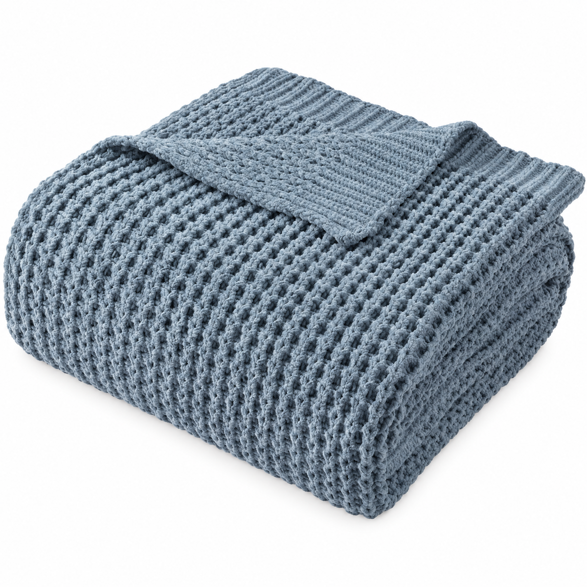 Blue Waffle Knit Chenille Throw Blanket - white background product photo
