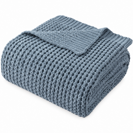Blue Waffle Knit Chenille Throw Blanket - white background product photo
