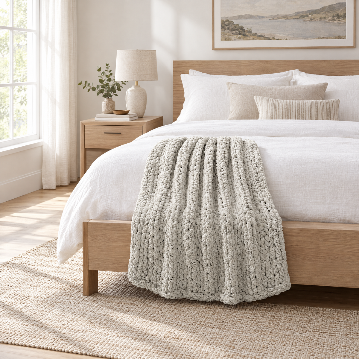White Chenille Chunky Knit Throw Blanket - lifestyle room photo