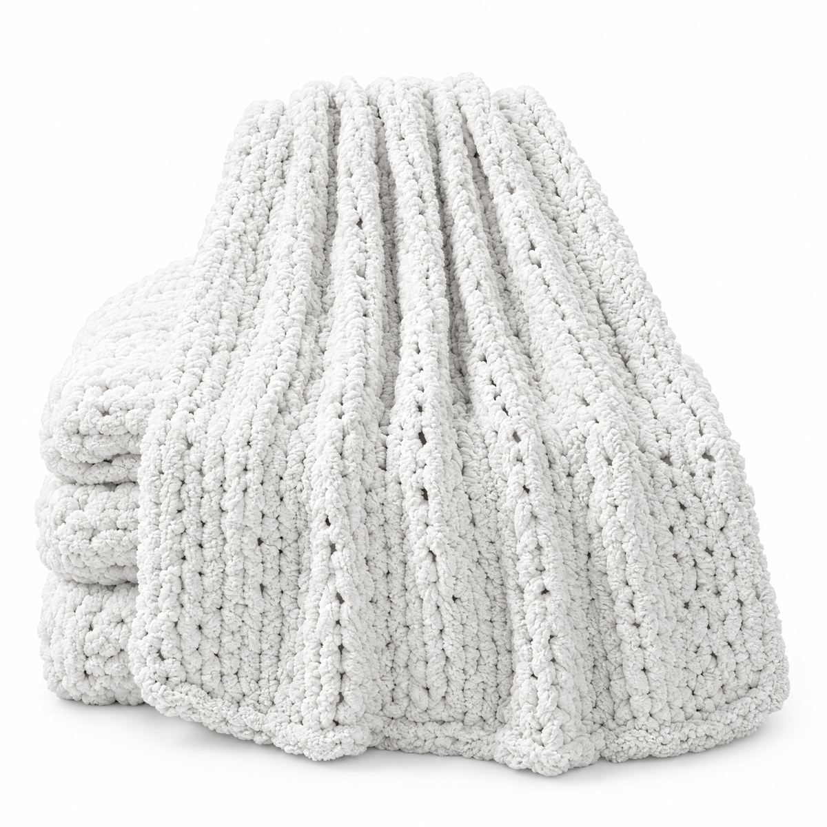 White Chenille Chunky Knit Throw Blanket - white background product photo