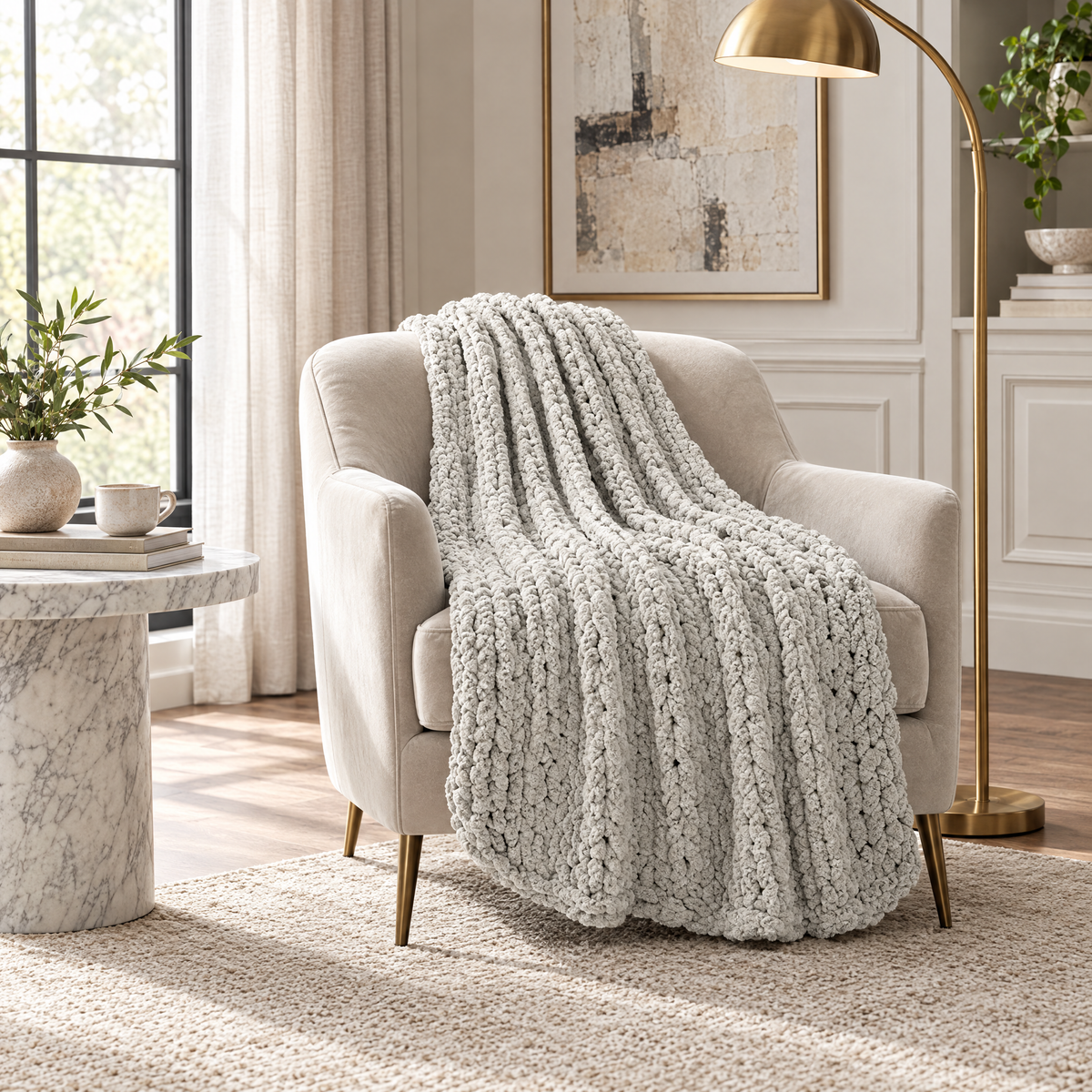 White Chenille Chunky Knit Throw Blanket - lifestyle room photo