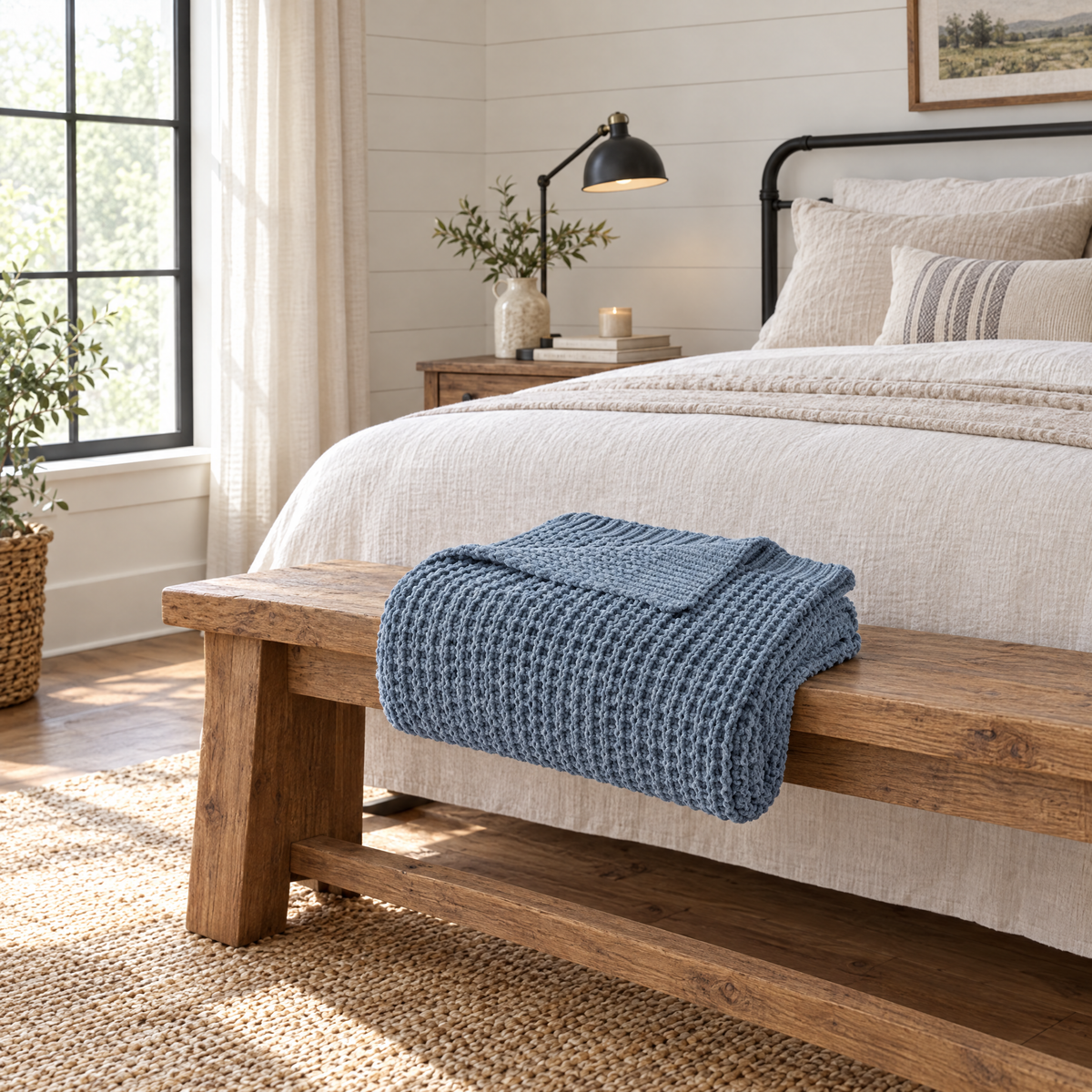 Blue Waffle Knit Chenille Throw Blanket - lifestyle room photo