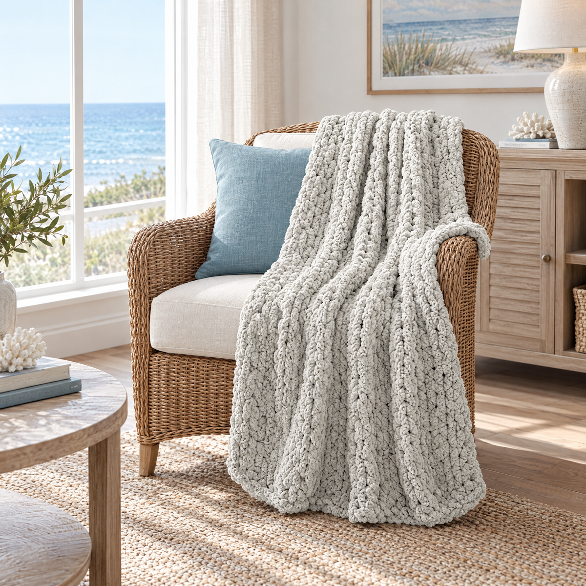 White Chenille Chunky Knit Throw Blanket - lifestyle room photo