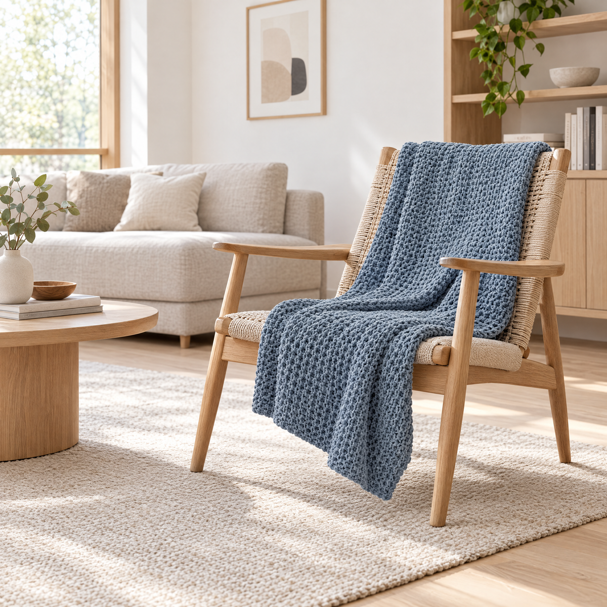 Blue Waffle Knit Chenille Throw Blanket - lifestyle room photo