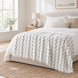 Wave Stripe Knit Throw Blanket, Fringed - lifestyle room photo
