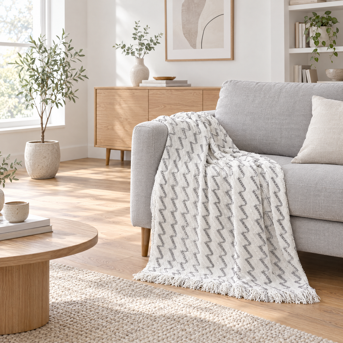 Wave Stripe Knit Throw Blanket, Fringed - lifestyle room photo