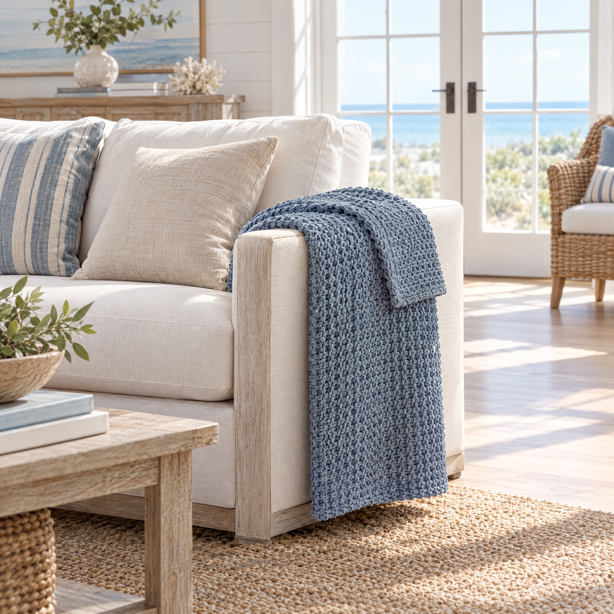 Blue Waffle Knit Chenille Throw Blanket - lifestyle room photo