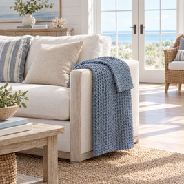 Blue Waffle Knit Chenille Throw Blanket - lifestyle room photo