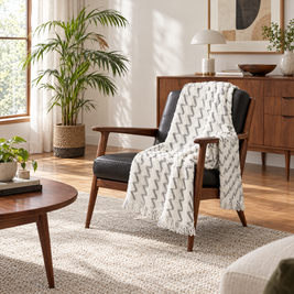 Wave Stripe Knit Throw Blanket, Fringed - lifestyle room photo