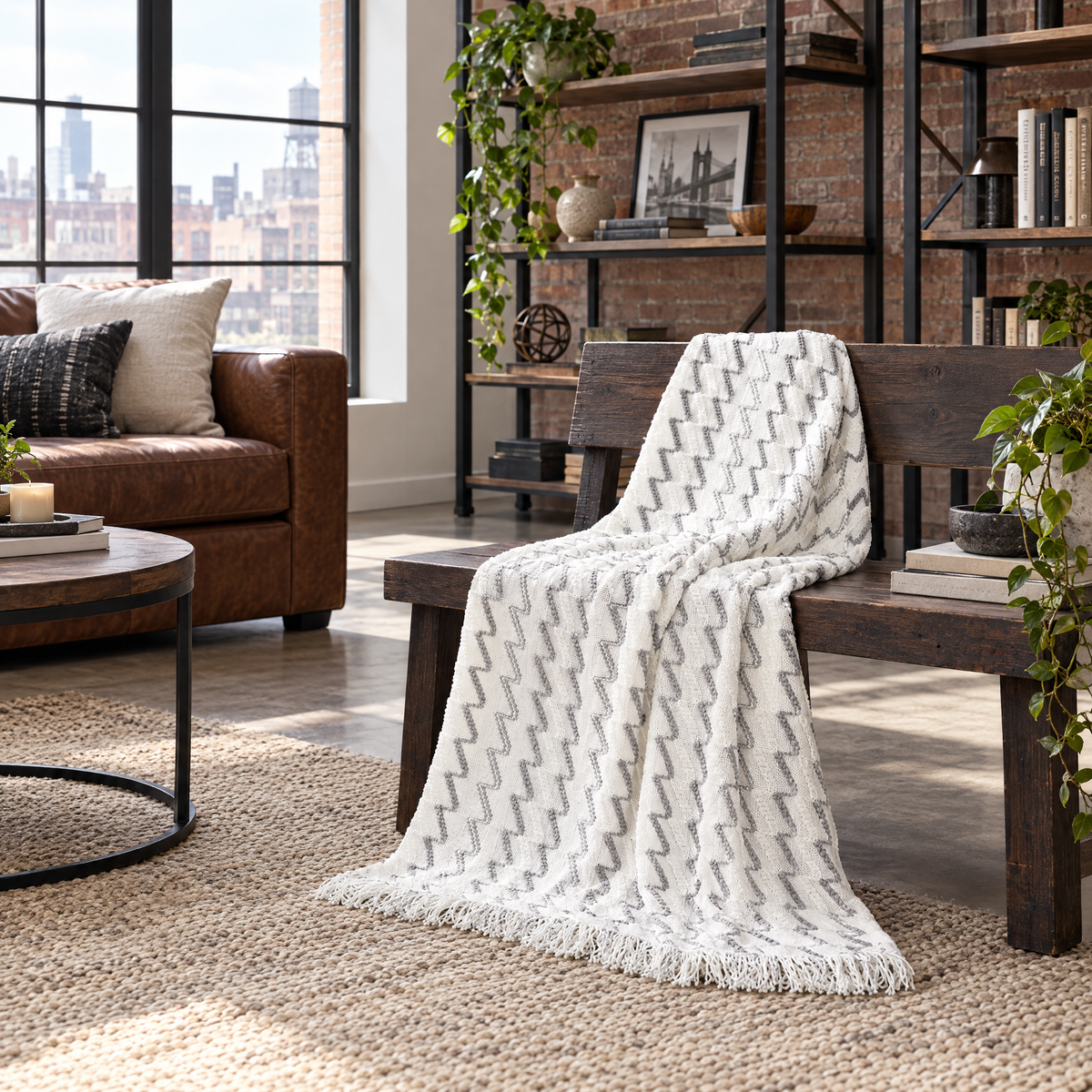 Wave Stripe Knit Throw Blanket, Fringed - lifestyle room photo