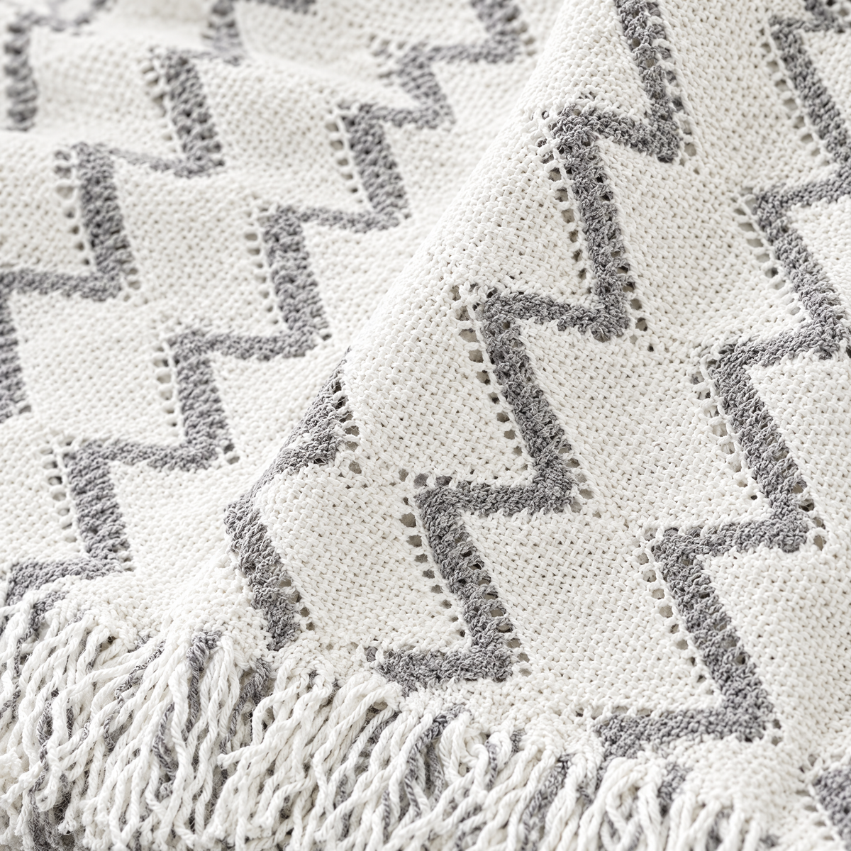 Wave Stripe Knit Throw Blanket, Fringed - close-up detail