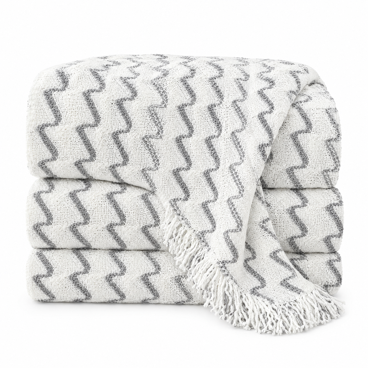 Wave Stripe Knit Throw Blanket, Fringed - white background product photo