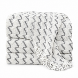 Wave Stripe Knit Throw Blanket, Fringed - white background product photo
