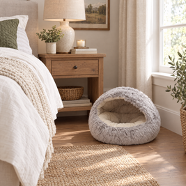 Semi-Enclosed Fluffy Cat Bed, Covered Pet Nest - grey lifestyle room photo