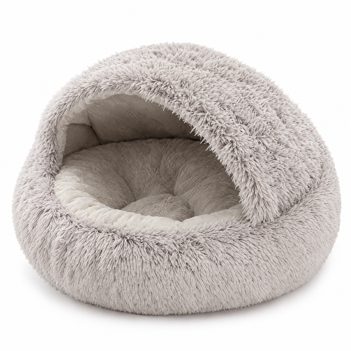 Semi-Enclosed Fluffy Cat Bed, Covered Pet Nest - grey white background product photo