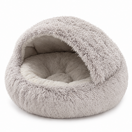 Semi-Enclosed Fluffy Cat Bed, Covered Pet Nest - grey white background product photo