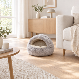Semi-Enclosed Fluffy Cat Bed, Covered Pet Nest - grey lifestyle room photo