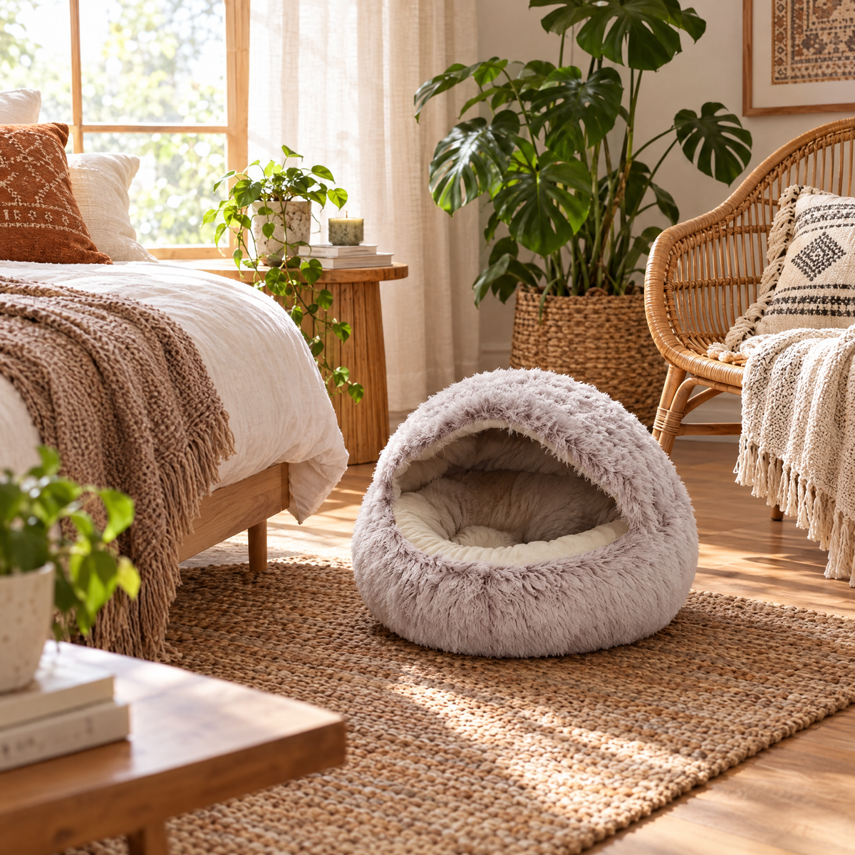 Semi-Enclosed Fluffy Cat Bed, Covered Pet Nest - grey lifestyle room photo