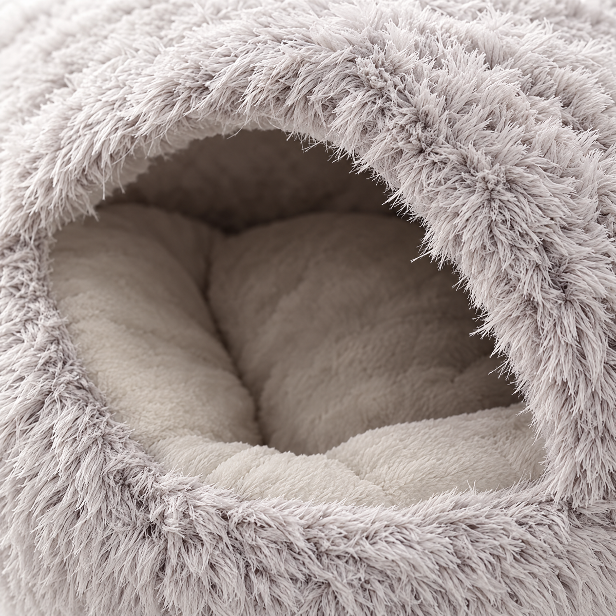 Semi-Enclosed Fluffy Cat Bed, Covered Pet Nest - grey close-up detail