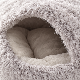 Semi-Enclosed Fluffy Cat Bed, Covered Pet Nest - grey close-up detail