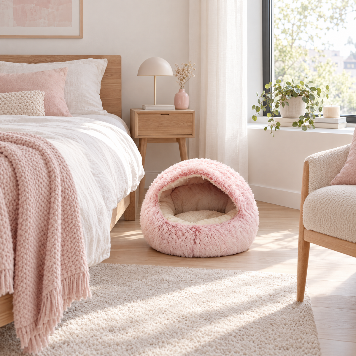 Semi-Enclosed Fluffy Cat Bed, Covered Pet Nest - pink lifestyle room photo