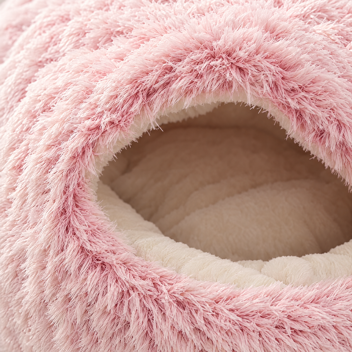 Semi-Enclosed Fluffy Cat Bed, Covered Pet Nest - pink close-up detail