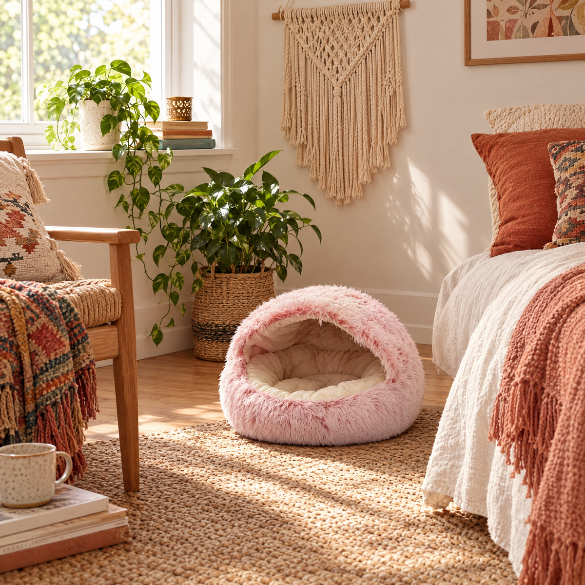 Semi-Enclosed Fluffy Cat Bed, Covered Pet Nest - pink lifestyle room photo