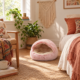 Semi-Enclosed Fluffy Cat Bed, Covered Pet Nest - pink lifestyle room photo