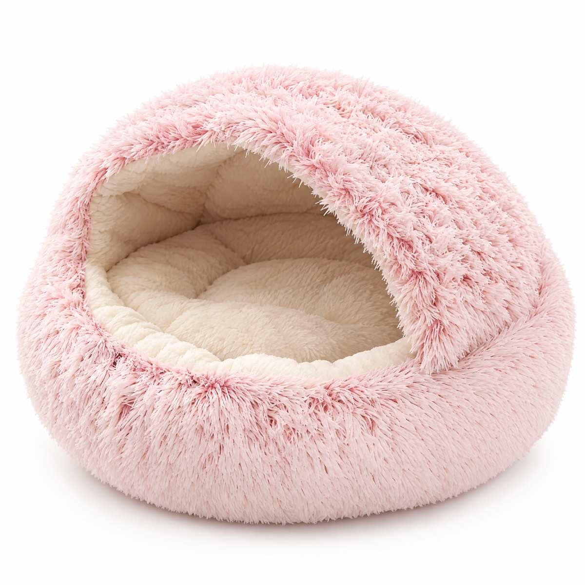 Semi-Enclosed Fluffy Cat Bed, Covered Pet Nest - pink white background product photo