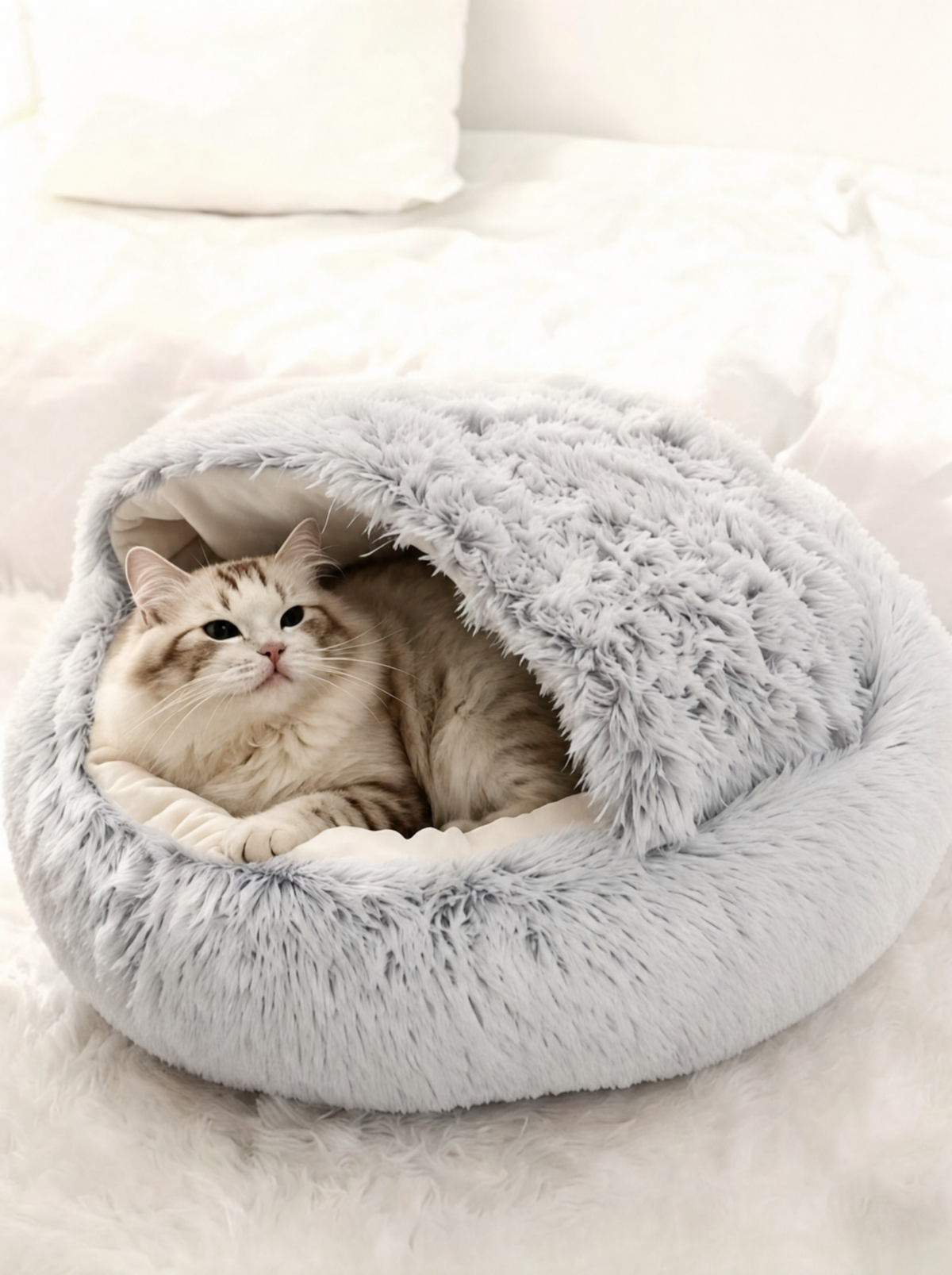 Semi-Enclosed Fluffy Cat Bed, Covered Pet Nest