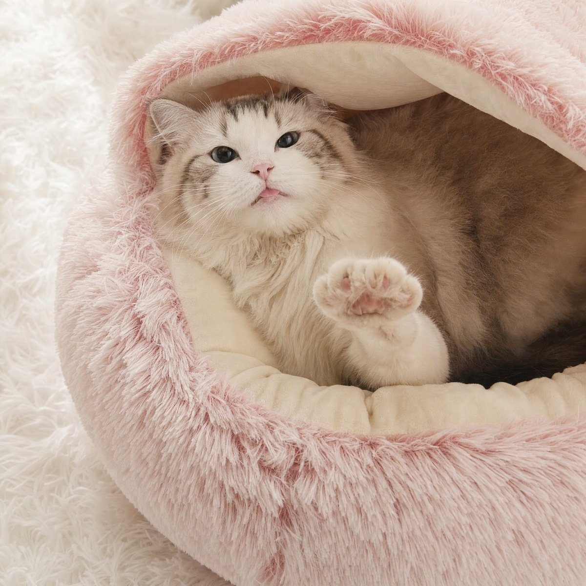 Semi-Enclosed Fluffy Cat Bed, Covered Pet Nest