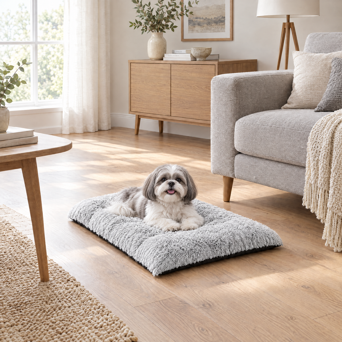 Plush Non-Slip Dog Bed Mat for Crate & Sofa - grey, with Shih Tzu lifestyle photo