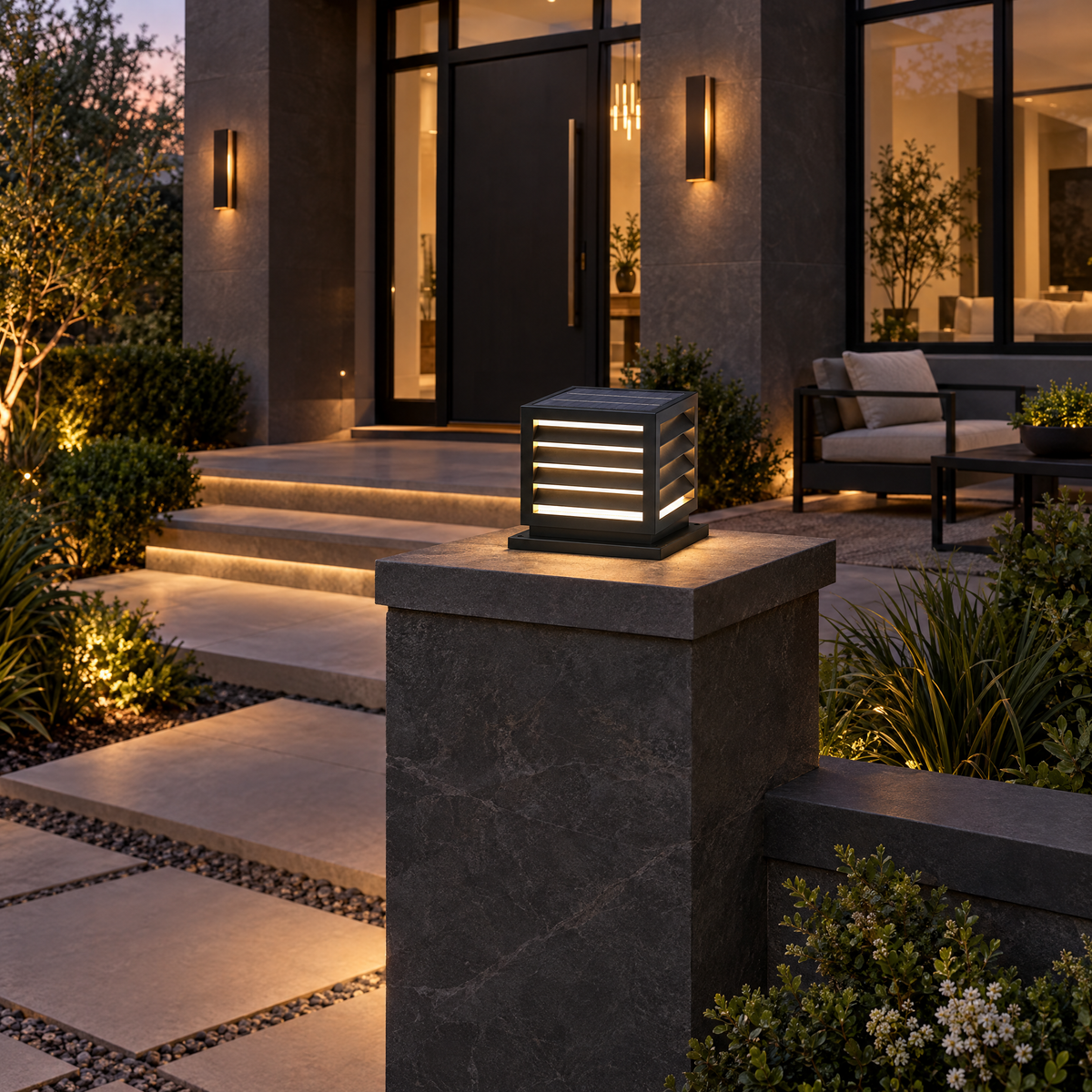 Waterproof Outdoor Pillar Light with Solar LED (Solar) – installed outdoors