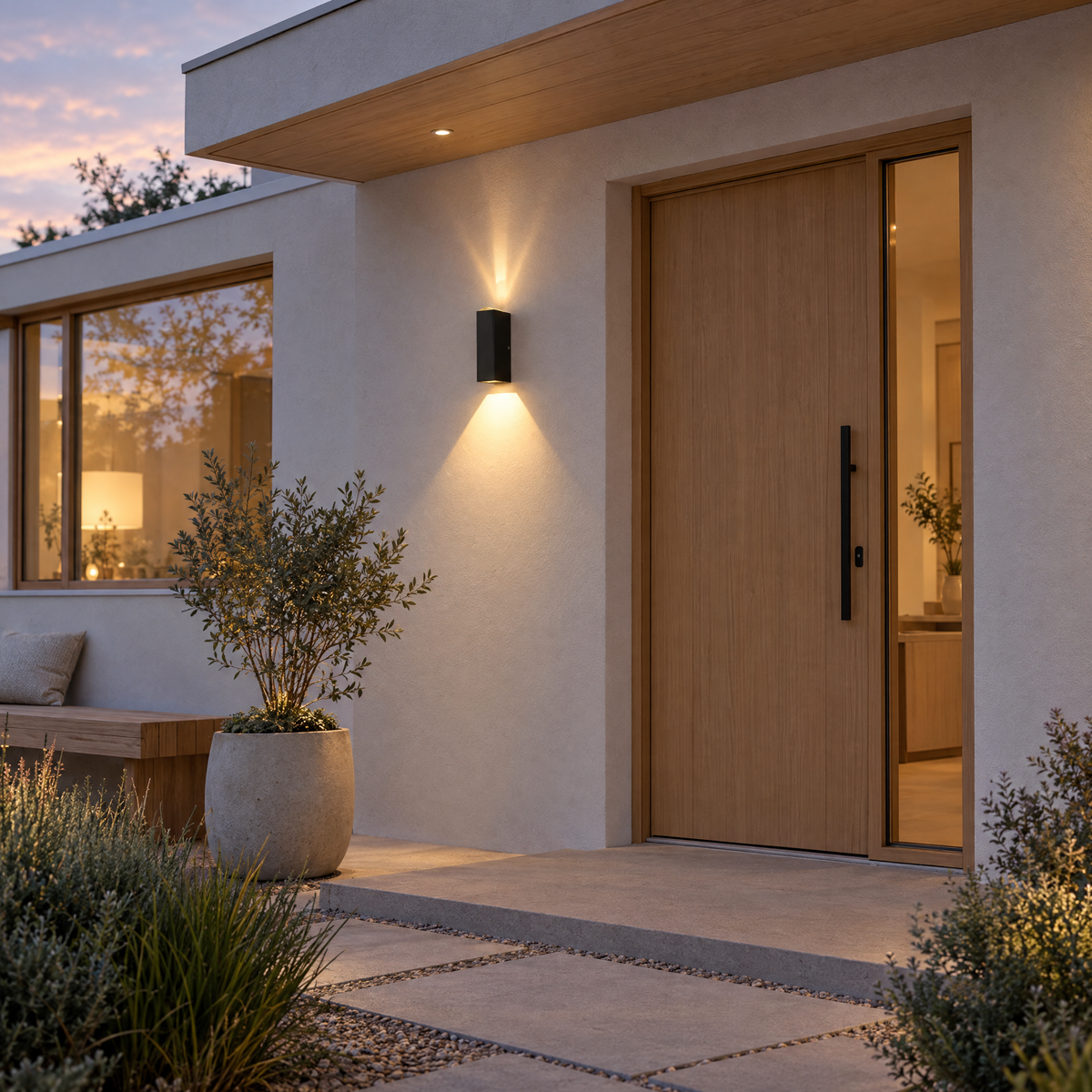 Modern Up & Down Outdoor Wall Sconce, IP65 (Asymmetrical) – installed outdoors